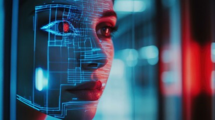 A woman's face with a digital interface overlay, futuristic technology theme.