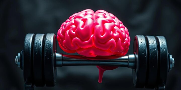A tiny brain, straining, bench-presses a dumbbell, focus, neuron