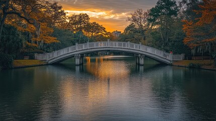 Scenic bridge over calm lake at sunset, reflecting orange and yellow sky in tranquil water, surrounded by autumn trees.