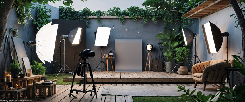 Cozy outdoor photography studio setup with lighting equipment and a neutral backdrop