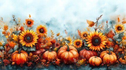 Autumn pumpkins and sunflowers border, fall watercolor artwork