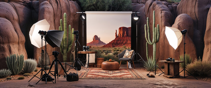 Desert inspired photography studio set up with backdrop lighting and cameras