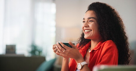 Happy woman, coffee and drink with laughter for good morning, beverage or comfort at home. Female person, freelancer or relax with smile, cup or mug for caffeine break, rest or satisfaction at house