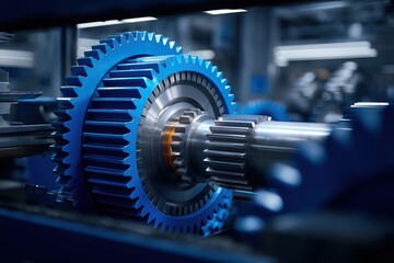 Close Up Of Blue Metal Gears In Industrial Machinery