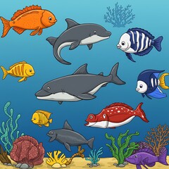 Naklejka premium Vibrant Underwater Cartoon: Ocean Life's Colorful Charm AI Generated