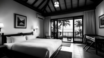 Modern hotel room with elegant design featuring cozy bed and large windows showcasing nature