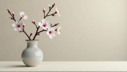 White cherry blossom branch, small grey vase, sandy backdrop Copy space , arrangement, sand color background, sand