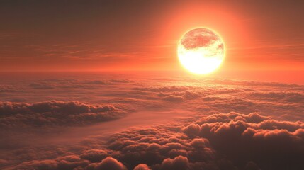 Dreamy red skies filled with clouds and a brilliant sun/celestial body.