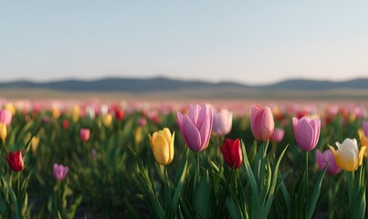 spring tulip field with pink, yellow and red flowers naturally scattered across gentle hills,Generative AI