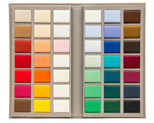 Color swatch book with fabric samples in various shades on a transparent background