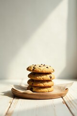 A Stack of Delicious Chocolate Chip Cookies on a Wooden Plate, Bathed in Sunlight