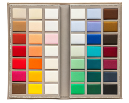 Color swatch book with fabric samples in various shades on a transparent background