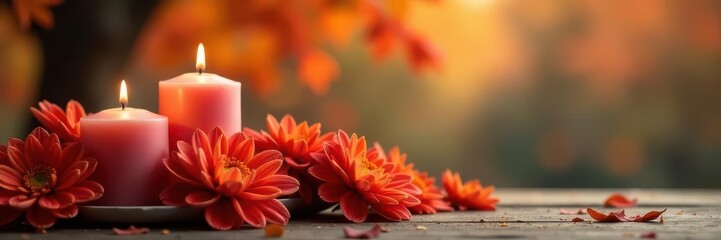 Soft autumnal background, chrysanthemums, candles , elegant, floral, chrysanthemum