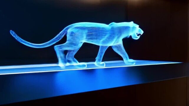 High Resolution 4K Futuristic Hologram of Extinct Animal  in Digital Museum with Glowing Wireframes