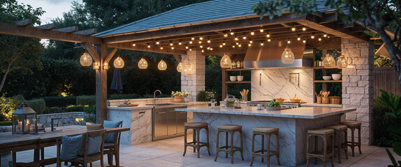 Luxurious outdoor kitchen and dining area with string lights at dusk