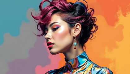 Woman with magenta hair and colorful makeup portrait ai generated fashion beauty style and earrings art 100