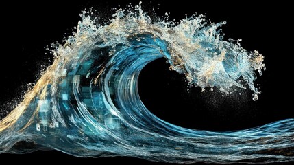 A dynamic water wave with digital pixelated elements on a black background.