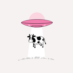 Humorous Vector Illustration of a Cow Being Beamed Up by a Pink UFO