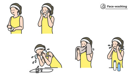 洗顔する女性　セット、バリエーション