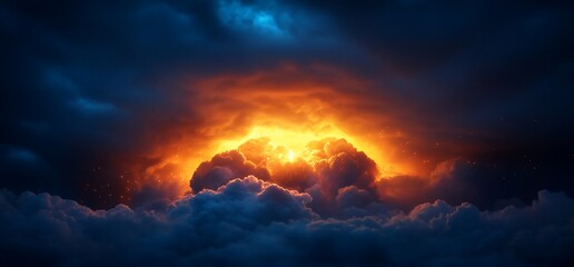 Naklejka premium Spectacular fiery illumination breaks through dramatic sky and clouds