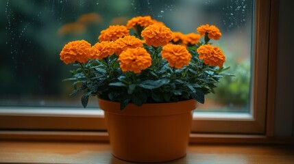 Orange marigold flowers in a terracotta pot on a windowsill
