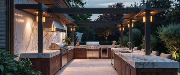Luxurious outdoor kitchen area illuminated with modern lighting and stainless steel appliances