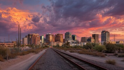Fototapeta premium Capture Desert City's Skyline at Dusk, Buildings Glow Under Colorful Sunset, Reflecting Off Train Tracks