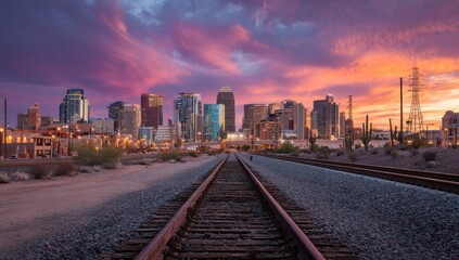Fototapeta premium Explore Skyline at Sunset, Scenic Cityscape View Along Railway with Twilight Skies and urban scenery.