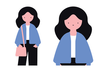 Two Stylish Illustrations of a Young Woman in a Blue Jacket and Black Pants