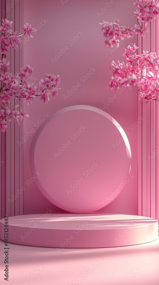 Poster A minimalistic podium stands in a soft pink environment, adorned with cherry blossom branches, creating an elegant and serene atmosphere perfect for product display or presentation