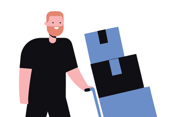 Happy Delivery Man Pushing Cart with Packages - Flat Design Illustration