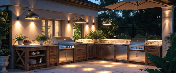 Luxurious outdoor kitchen design featuring built-in grill and evening ambiance