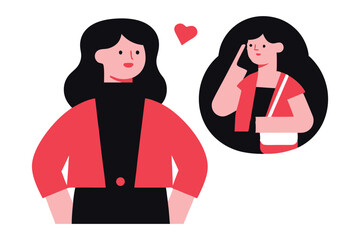 Woman Daydreaming of Herself with a Sling, Heart Symbol, Flat Design Illustration