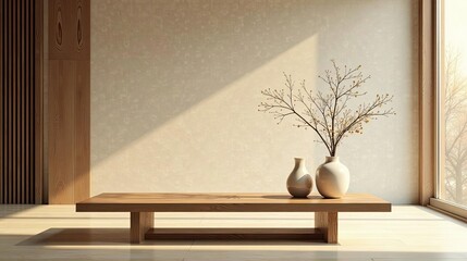 Serene Minimalist Interior Design Featuring a Low Wooden Table, Elegant Vases, and Delicate Branches