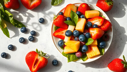 Fresh fruit salad on light surface top view Summer food concept, angled photoshot. with white shades