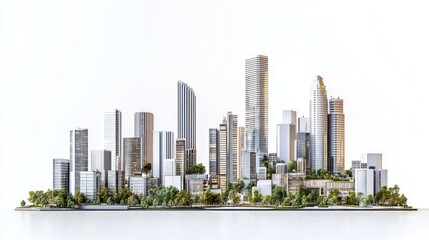 Fototapeta premium Detailed city model featuring skyscrapers and green landscape elements.