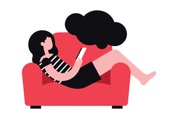Relaxed Woman Using Smartphone While Reclining in Red Armchair, Thought Bubble Above