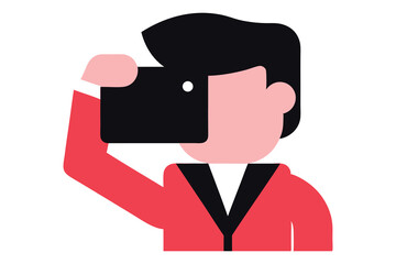 Man in Red Jacket Using Smartphone, Flat Design Illustration