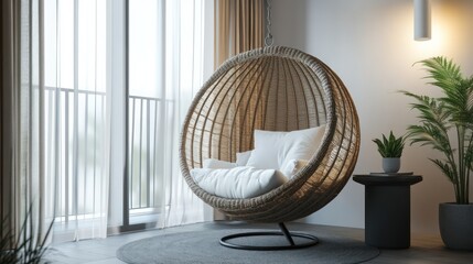 Relaxing wicker egg chair in modern apartment
