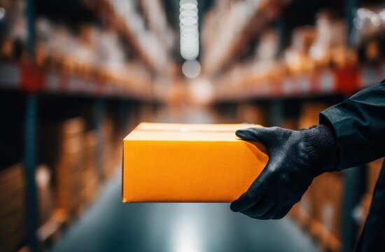 Worker Carefully Handles Package in Warehouse, Efficient Logistics, Supply Chain Management, Global Trade, Fast Delivery, Order Fulfillment
