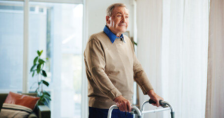 Walking frame, thinking and senior man in home for help, support and mobility assistance....