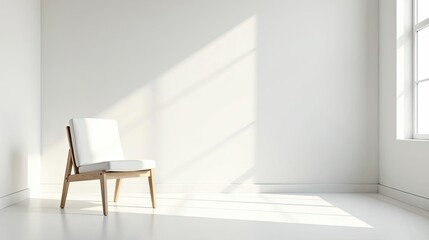 A minimalist room interior scene featuring a single, light-colored chair bathed in sunlight streaming through a window, creating a serene and peaceful atmosphere.