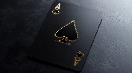 A black playing card, the Ace of Spades, with gold accents on a dark surface