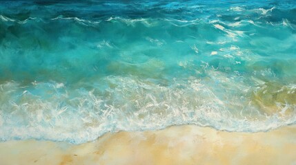 Aerial view of a beach with turquoise ocean waves and sandy shore.