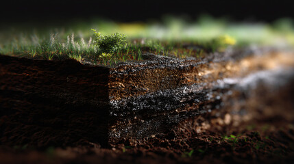 Fototapeta premium A cross subdivision of soil layers exhibit the complexity of the earth’s surface, illustrating the relationship between land and plant life.