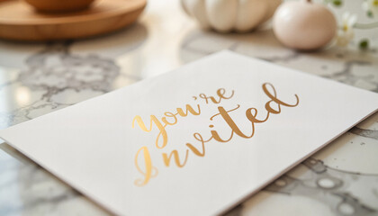 Luxury foil wedding invitation on marble table, elegant celebration