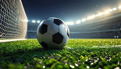 Dynamic angle of soccer ball on grass in stadium lighting for sports promotion and event design