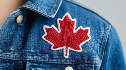 Elegant Embroidered maple leaf patch on denim jacket Canadian pride in fashion and style 