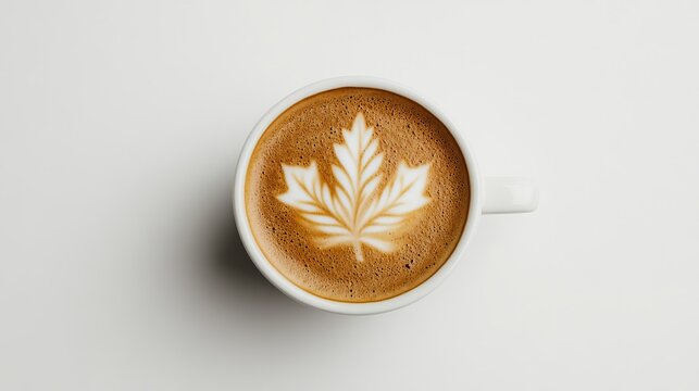 Elegant Cup of latte with maple leaf shaped foam art cozy Canadian cafe culture symbolism 