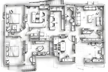Sketching a Modern House Plan: Designing Rooms, Furnishing Spaces, and Creating a Functional Layout with Detailed Dimensions for Optimal Space Utilization and Aesthetic Appeal.